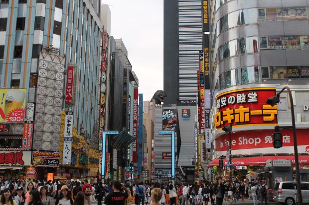 Area near the Robot Restaurant complete with Godzilla head attached to one of the buildings.