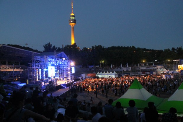 View of Daegu Tower at night. Which we are hoping to go up to the top of in the next week!