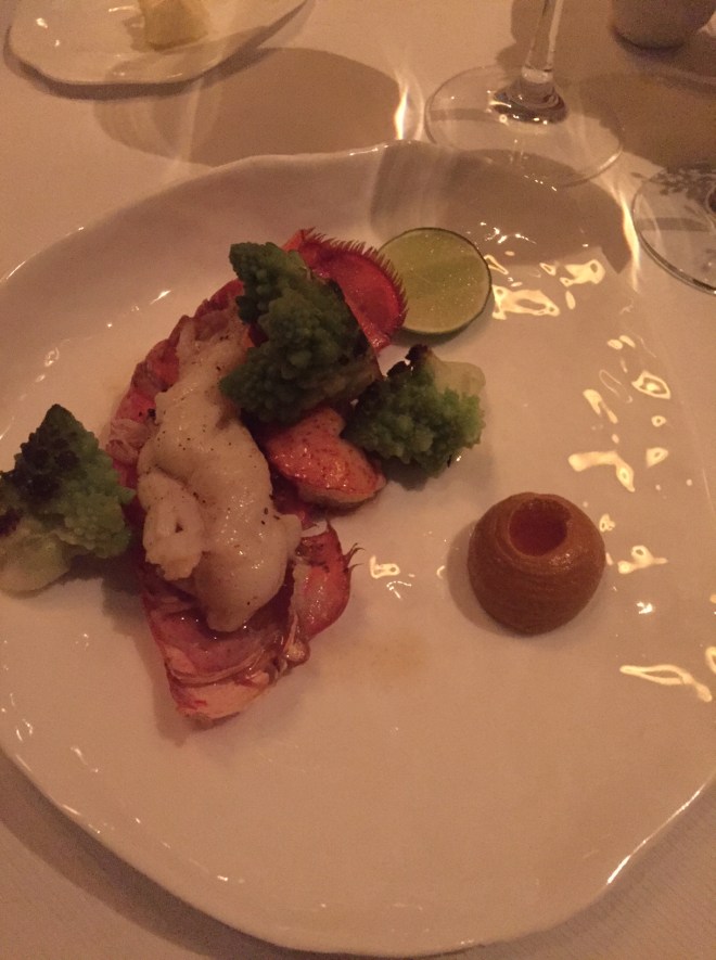 Lobster. There was more, but all I remember is that the little brown sauce on the side was made of hazelnuts and almonds and chili paste.